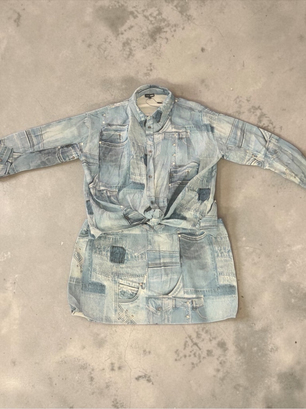 NWT Fashion Nova Light Blue Denim-Print Shirt 2 Piece Matching Set